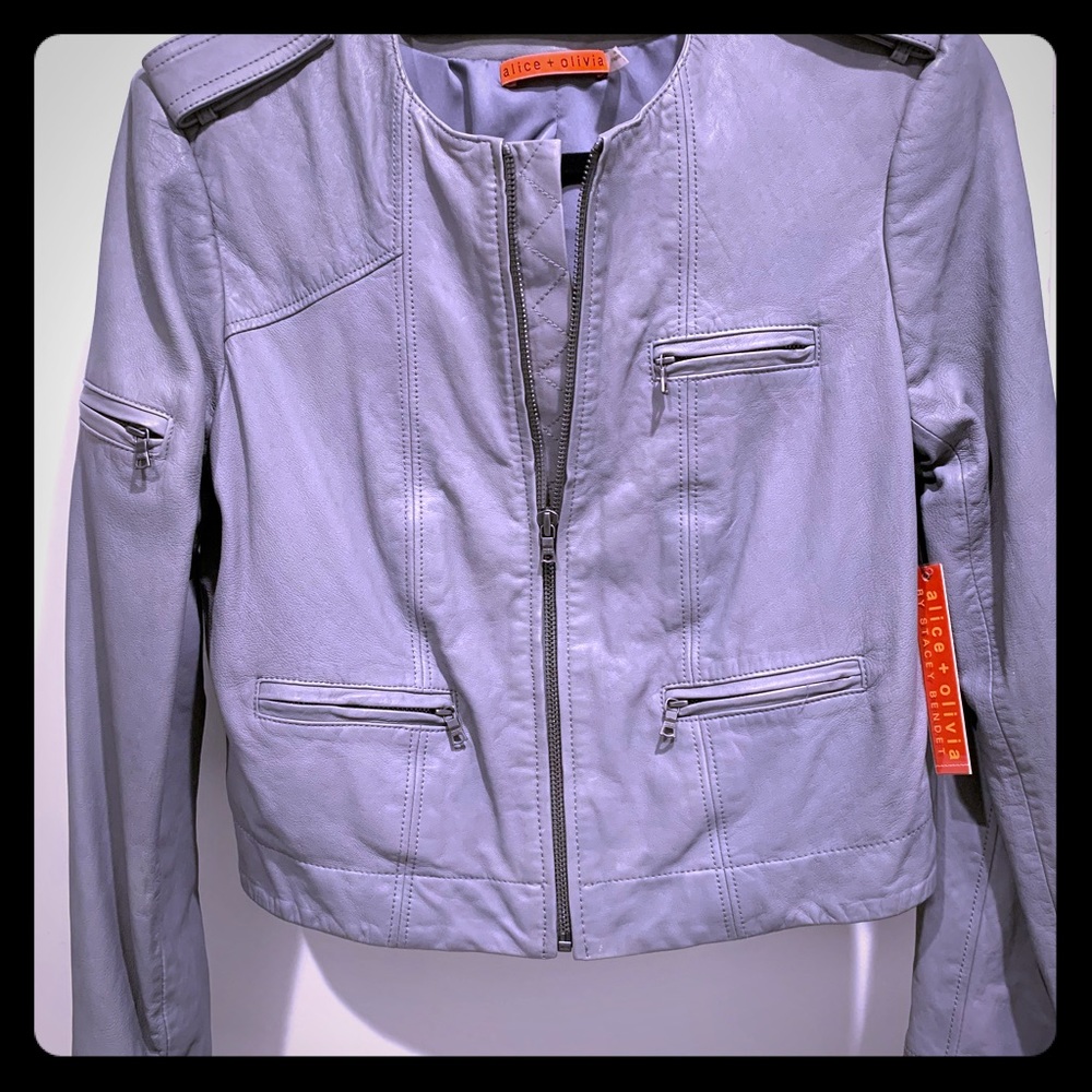 Alice + Olivia - Small Grey Crop Leather Jacket